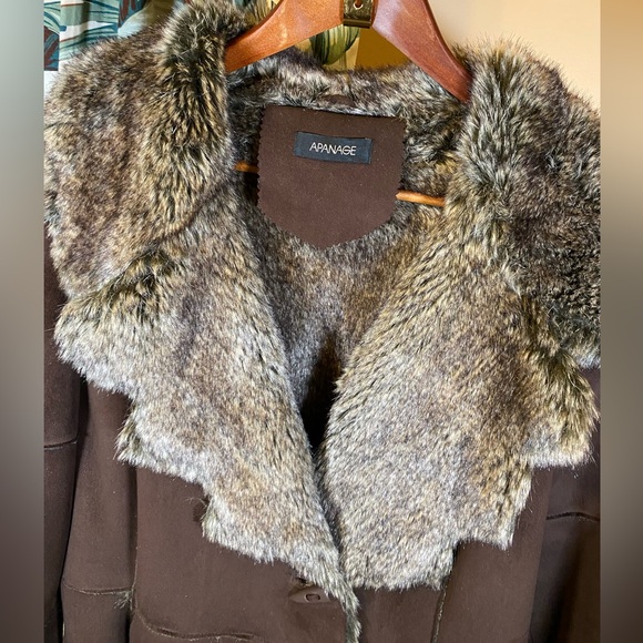 Vintage Apanage Faux Suede Fur Coat Jacket Leather Brown Shearling Sheepskin - Picture 2 of 16